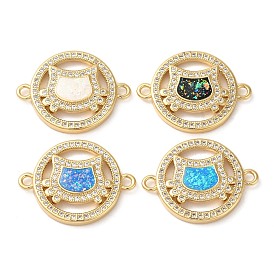 Rack Plating Brass Micro Pave Clear Cubic Zirconia Connector Charms, Ring Cat Links with Synthetic Opal, Real 18K Gold Plated, Cadmium Free & Lead Free, Long-Lasting Plated