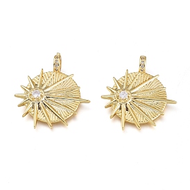 Brass Micro Pave Clear Cubic Zirconia Pendants, Sun, Golden
