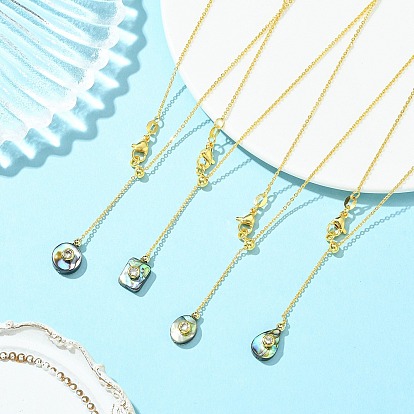 Natural Abalone Shell Geometric Pendant Lariat Slider Necklaces with Brass Cable Chain, Golden