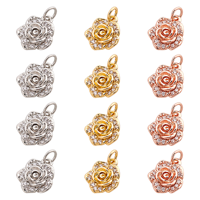 12Pcs 3 Colors Brass Micro Pave Clear Cubic Zirconia Charms, Long-Lasting Plated, Flower