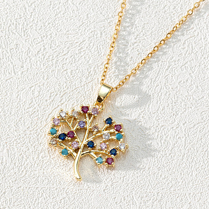 18K Gold Plated Tree of Life Pendant Necklace with CZ Stones Circle Cutout