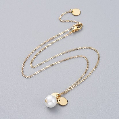 Glass Pearl Pendant Necklaces, with 304 Stainless Steel Findings, Brass Charms and Cable Chains