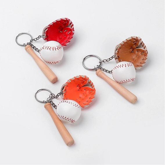 Imitation Leather Keychain, with Wood and Iron Key Ring, Baseball Bat & Baseball Glove & Baseball, Sports Theme, Sports Theme110mm