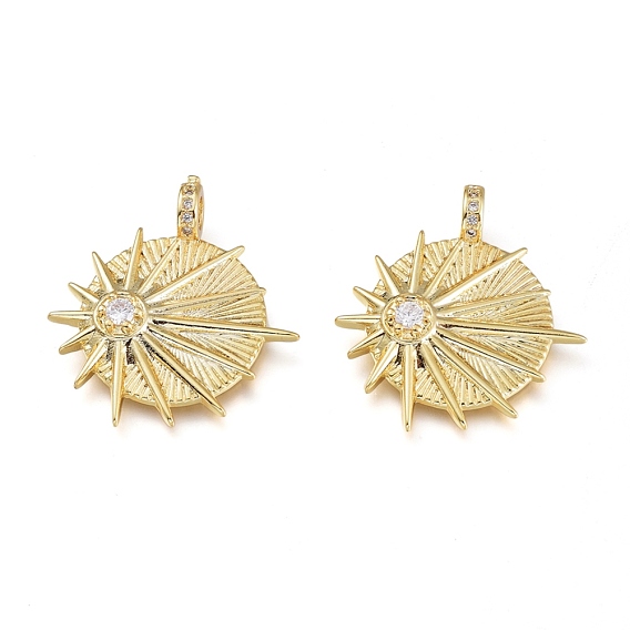 Brass Micro Pave Clear Cubic Zirconia Pendants, Sun, Golden