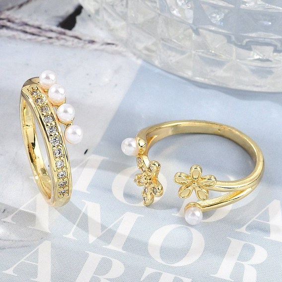 Кольца из латуни с микропаве из прозрачных кубических цирконий для женщин, с пластиковой жемчужины, реальный 18 k позолоченный