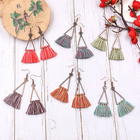 Alliage Pendants d'oreilles, Avec gland de fil, triangle creux, cuivre rouge