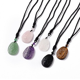 Adjustable Natural Mixed Gemstone Teardrop with Spiral Pendant Necklace with Nylon Cord for Women