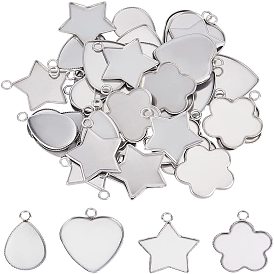 40 piezas 4 estilo 304 configuraciones de cabujón de colgante de acero inoxidable, copas de bisel de borde liso, estrella, flor, lágrima, corazón