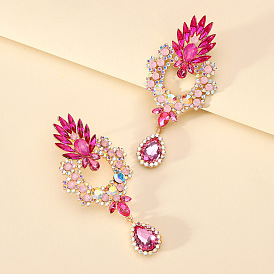Exaggerated Waterdrop-shaped Alloy Hollow-out Crystal Flower Earrings with Rhinestones for High-end European and American Geometric Evening Jewelry
