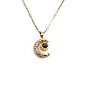 Copper Plated Gold Zircon Moon Pendant Necklace with Evil Eye for Women