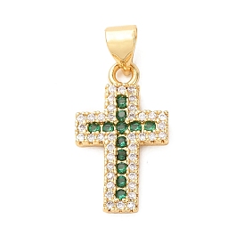 Brass Micro Pave Cubic Zirconia Pendants, Cross Charms, Long-Lasting Plated, Rack Plating, Lead Free & Cadmium Free, Real 18K Gold Plated