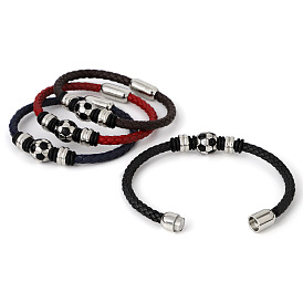 Titanium Steel Football Beaded Bracelet, with Leather Cords and Magnetic Clasp