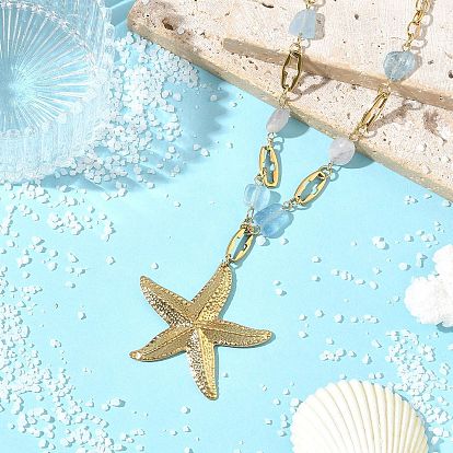 Summer Beach 304 Stainless Steel Starfish Pendant Natural Aquamarine & Lavender Amethyst Beaded Chain Necklaces for Women