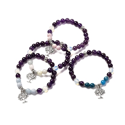 Natural Gemstone Beads Stretch Bracelst for Men Women, Tree of Life Alloy Charm Bracelet