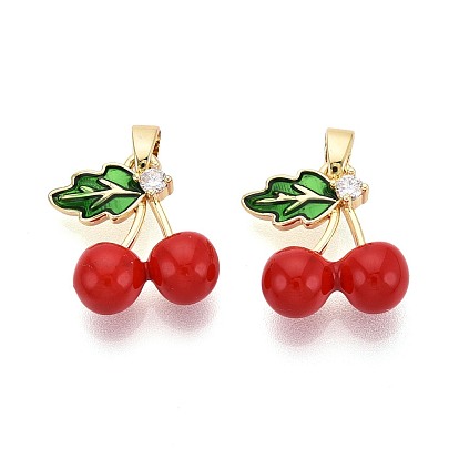 Подвески из латуни с микропаве из прозрачных кубических цирконий и эмали, черри прелести