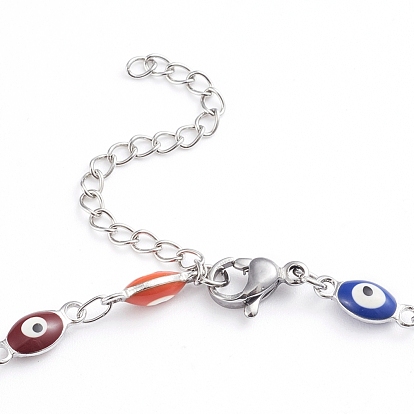 304 Stainless Steel Anklets, with Enamel and Lobster Claw Clasps, Evil Eye, Colorful