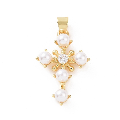 Brass Micro Pave Cubic Zirconia Pendants, with ABS Imitation Pearl, Religion Cross Charm