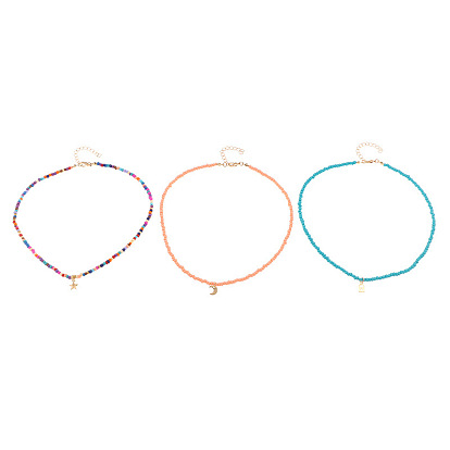 3Pcs 3 Style Star & Moon & Padlock Alloy Charms Necklaces Set, Glass Seed Beaded Necklaces for Women