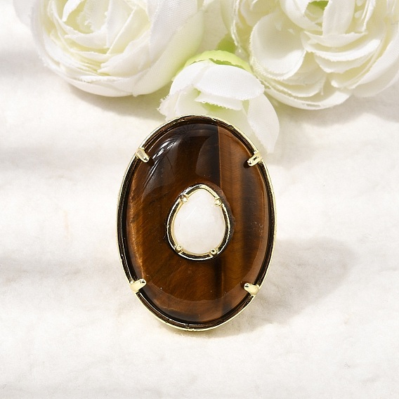 Кольца-манжеты из натурального тигрового глаза и лунного камня, овальные, стойки покрытие, золотые