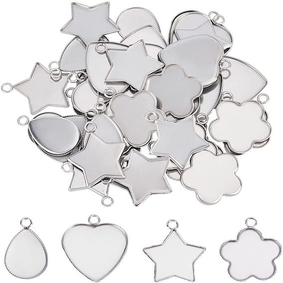 40Pcs 4 Style 304 Stainless Steel Pendant Cabochon Settings, Plain Edge Bezel Cups, Star, Flower, Teardrop, Heart