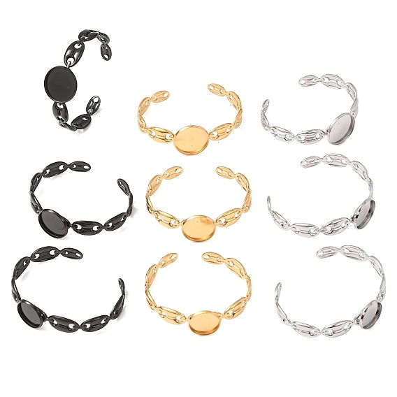 304 Stainless Steel Coffee Bean Chain Cuff Bracelet Blanks with Flat Round Bezel Settings