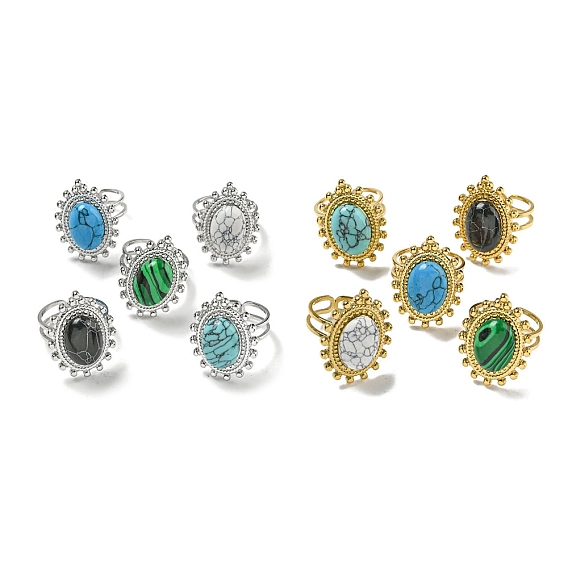304 открытые манжеты из нержавеющей стали, Овальные кольца на палец из синтетического малахита и бирюзы для женщин и мужчин