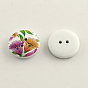 2-Hole Flower Pattern Printed Wooden Buttons, Flat Round, Mixed Color, 20x4~5mm, Hole: 2mm, about 1200~1300pcs/1000g