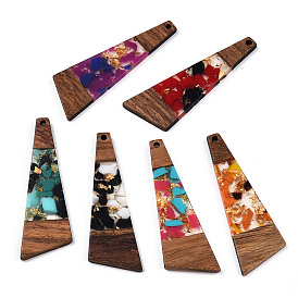 Transparent Resin & Walnut Wood Big Pendants, with Gold Foil, Trapezoid Charms