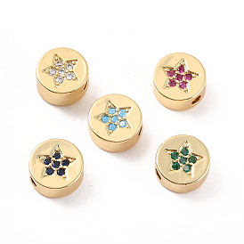 Rack Plating Brass Micro Pave Cubic Zirconia Beads, Cadmium Free & Lead Free, Real 18K Gold Plated, Flat Round with Star Pattern