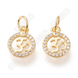 10Pcs Brass Micro Pave Clear Cubic Zirconia Charms, with Jump Rings, Long-Lasting Plated, Flat Round with Ohm/Aum