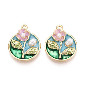 Подвески из эмали, АБС-пластика и искусственного жемчуга с гальваническим покрытием., плоский круглый с цветными чарами, без кадмия, без никеля и без свинца, золотые