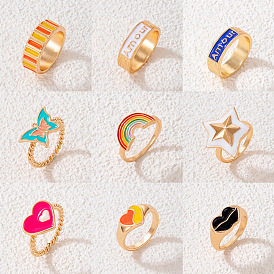 Colorful Oil Drip Letter Star Ring & Rainbow Heart Single Ring Set