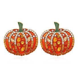 Exaggerated Colorful Diamond Pumpkin Earrings for Women, Creative Alloy Oil Drop Ear Studs, Retro Halloween Jewelry