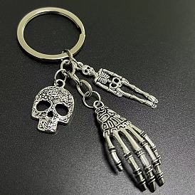 Porte-clés en alliage, crâne avec pendentifs main squelette