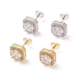 Clear Cubic Zirconia Square Stud Earrings, Brass Jewelry for Women, Cadmium Free & Lead Free