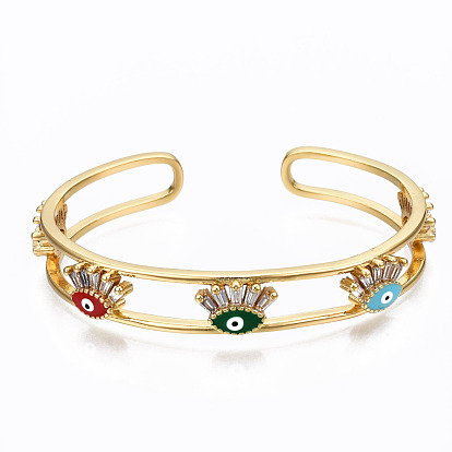 Brass Micro Pave Clear Cubic Zirconia Cuff Bangles, with Enamel, Nickel Free, Evil Eye, Colorful