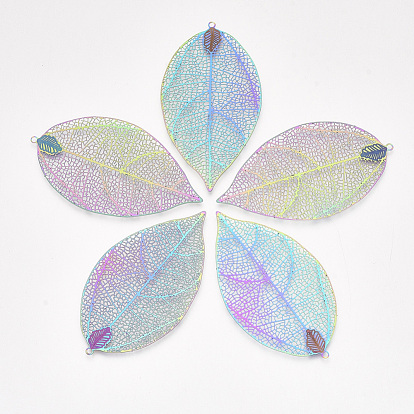 Ion Plating(IP) 304 Stainless Steel Filigree Big Pendants, Etched Metal Embellishments, Leaf