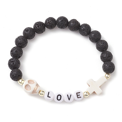 8mm Round Gemstone Beaded Stretch Bracelets, Halloween Skull & Cross & LOVE Acrylic Link Bracelets for Women Men