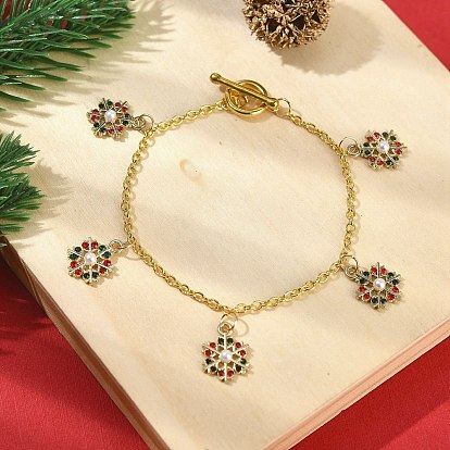 Alloy Rhinestone Snowflake Charm Bracelet with Acrylic Imitation Pearl Beaded, Golden Iron Cable Chains Bracelet