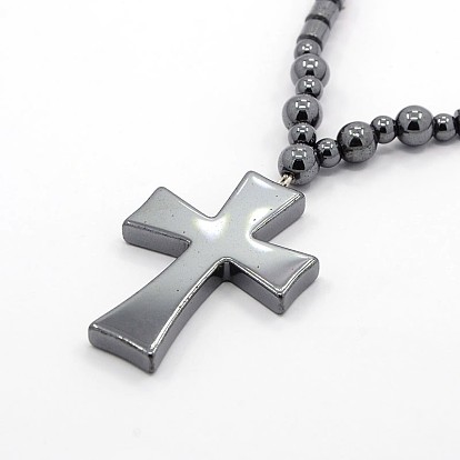 Trendy Unisex Holly Jewelry Grade A Non-Magnetic Synthetic Hematite Beaded Cross Pendant Necklaces, with Alloy Screw Clasps, 24.6 inch 