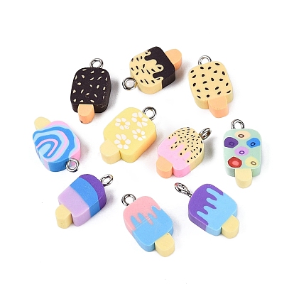 Handmade Polymer Clay Pendants, Ice Cream Charms, with Iron Loops