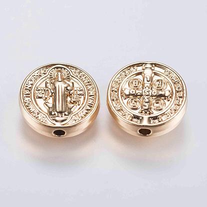 Brass Beads, Long-Lasting Plated, Flat Round with Santa Virgen