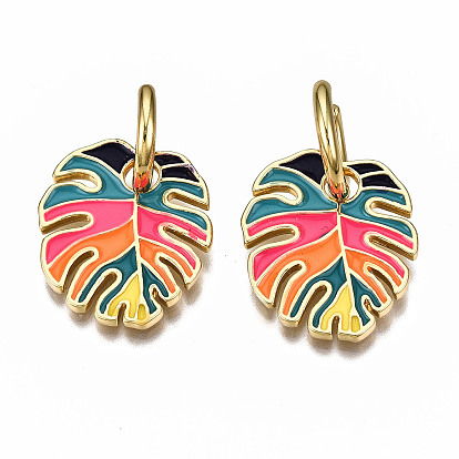 Серьги-кольца Huggie из латуни с эмалью, без никеля , тропический лист, реальный 16 k позолоченный