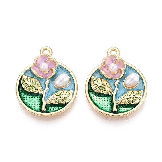 Подвески из эмали, АБС-пластика и искусственного жемчуга с гальваническим покрытием., плоский круглый с цветными чарами, без кадмия, без никеля и без свинца, золотые