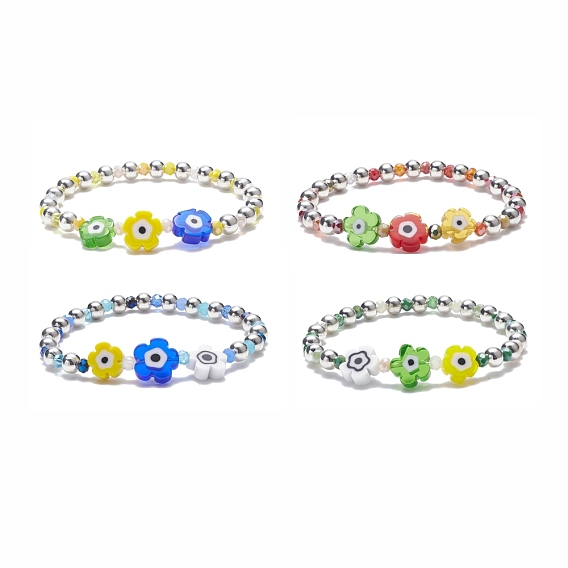 Женский стрейч-браслет с цветком и дурным глазом из стекла и железа