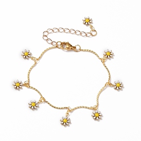 Brass Enamel Flower Charm Bracelets, with Bar Links and 304 Stainless Steel Lobster Claw Clasps, Yellow