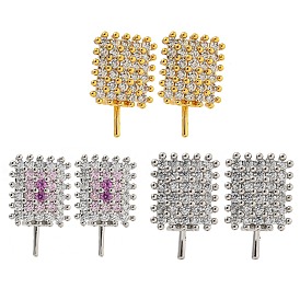 Rack Plating Brass Micro Pave Clear Cubic Zirconia Studs Earrings Finding, Cadmium Free & Lead Free, Long-lasting Plated, Rectangle