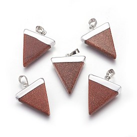 Synthetic Goldstone Pendants, Triangle Charms with Platinum Plated Brass Findings