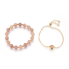 Natural Gemstone Bracelets Sets, Slider Bracelets and Stretch Bracelets, with Brass Findings, Round