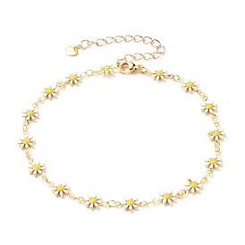 Brass Enamel Daisy Link Chain Anklets, with 304 Stainless Steel Lobster Claw Clasps & Heart Charms